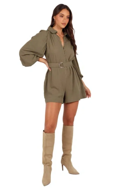 Petal And Pup Petal & Pup Louise Belted Button Front Three-quarter Sleeve Romper In Brown