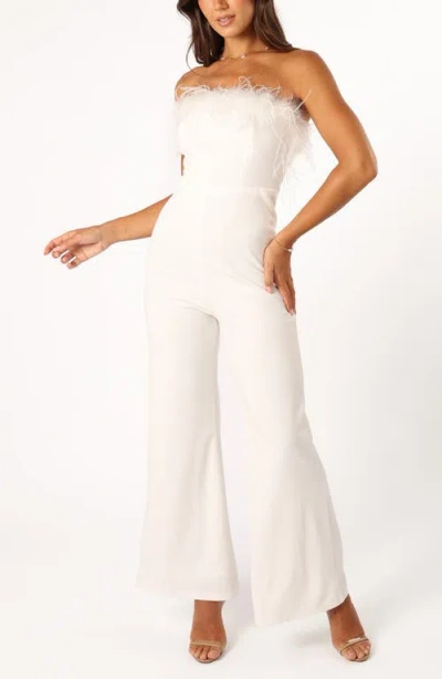 Petal And Pup Petal & Pup Louise Feather Trim Strapless Jumpsuit In White