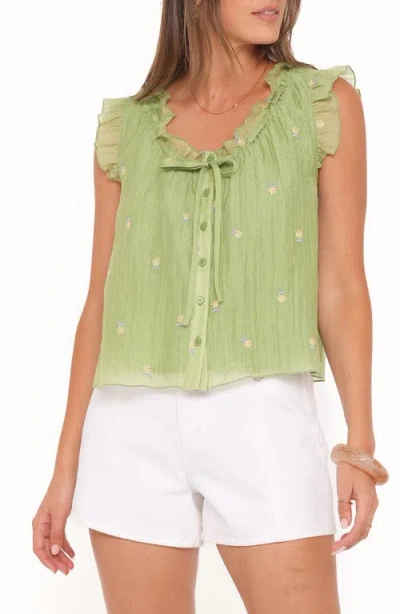 Petal And Pup Petal & Pup Lumi Embroidery Detail Ruffle Neck Button-up Top In Green