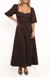 Petal And Pup Petal & Pup Merlena Puff Sleeve Stretch Cotton Maxi Dress In Brown