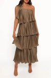 Petal And Pup Petal & Pup Mia One-shoulder Tiered Plissé Midi Dress In Brown