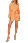 Petal And Pup Petal & Pup Minelli Pleated Tie Waist Long Sleeve Romper In Orange