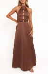 Petal And Pup Petal & Pup Norva Bow Front Halter Satin Maxi Dress In Brown
