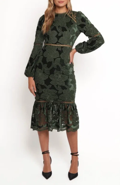 Petal And Pup Petal & Pup Pierre Long Sleeve Velvet & Lace Midi Dress In Green