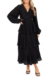 Petal And Pup Petal & Pup Pippa Side Cutout Long Sleeve Tiered Midi Dress In Black