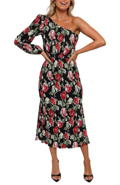 Petal And Pup Petal & Pup Pontee Floral Plissé One-shoulder Midi Dress In Black