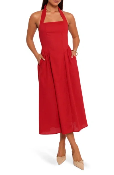 Petal And Pup Petal & Pup Ramona Linen Halter Midi Dress In Red