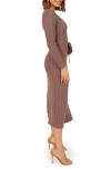 Petal And Pup Petal & Pup Reigan Tie Waist Long Sleeve Rib Midi Dress In Brown