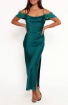 Petal And Pup Petal & Pup Reyna Off The Shoulder Satin Maxi Dress In Green