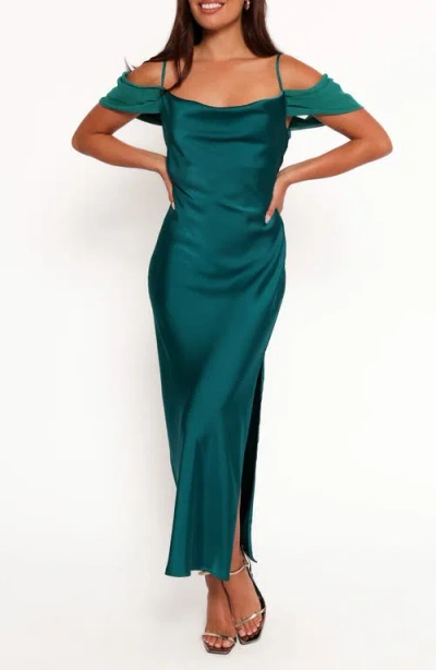 Petal And Pup Petal & Pup Reyna Off The Shoulder Satin Maxi Dress In Green