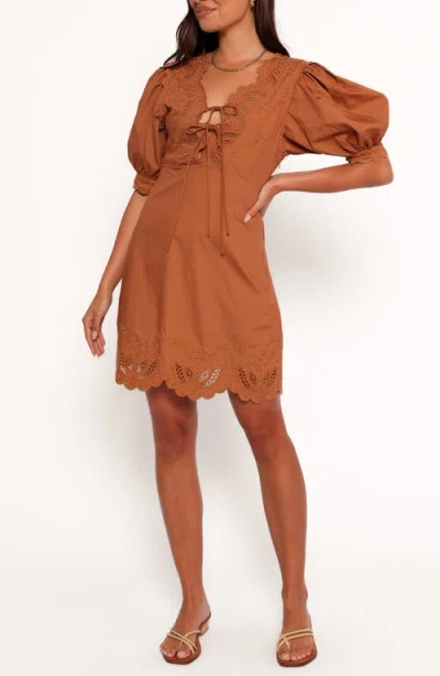Petal And Pup Petal & Pup Rhodes Embroidered Puff Sleeve Minidress In Brown