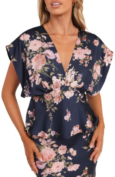Petal And Pup Petal & Pup Ricki Floral Print Dolman Sleeve Satin Top In Blue