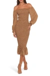 Petal And Pup Petal & Pup Sara Smocked Off The Shoulder Long Sleeve Body-con Midi Dress In Brown