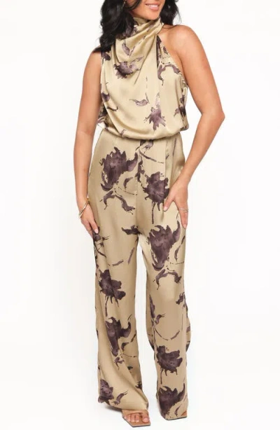 Petal And Pup Petal & Pup Savannah Floral One-shoulder Satin Jumpsuit In Brown