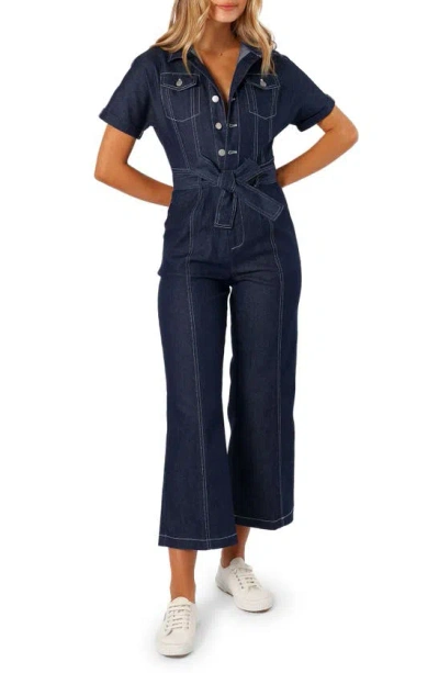 Petal And Pup Short Sleeve Denim Jumpsuit In Dark Denim