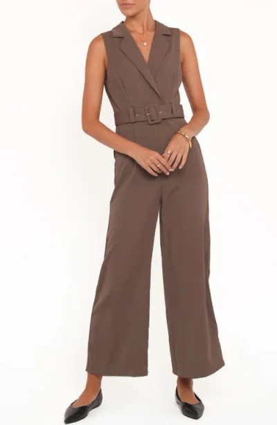 Petal And Pup Petal & Pup Sienna Belted Sleeveless Wide Leg Jumpsuit In Brown