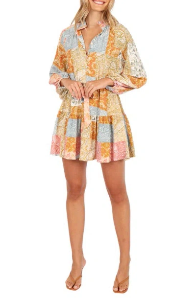 Petal And Pup Petal & Pup Silante Patchwork Print Belted Long Sleeve Shirtdress In Multi