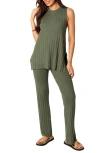 Petal And Pup Petal & Pup Silvie Wide Rib Sweater Tank & Straight Leg Pants Set In Green