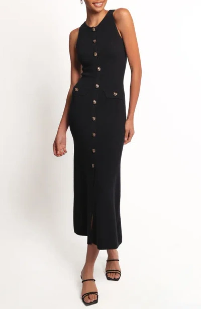Petal And Pup Petal & Pup Sleeveless Rib Button-up Sweater Midi Dress In Black