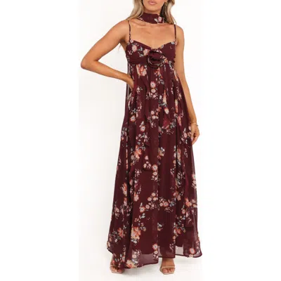 Petal And Pup Petal & Pup Tully Print Sleeveless Maxi Dress With Scarf In Burgundy