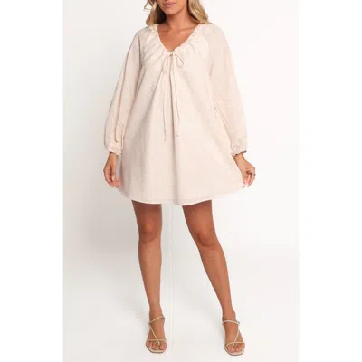 Petal And Pup Petal & Pup Walker Woodcut Print Long Sleeve Cotton & Linen Minidress In Neutral