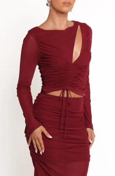 Petal And Pup Petal & Pup Wella Ruched Long Sleeve Mesh Crop Top In Burgundy