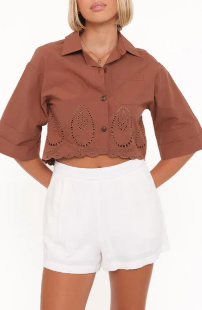 Petal And Pup Petal & Pup Williams Eyelet Scalloped Hem Crop Button-up Shirt In Brown