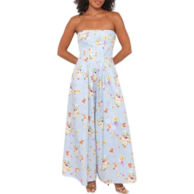 Petal And Pup Petal & Pup Wren Floral Strapless Wide Leg Cotton Jumpsuit In Blue