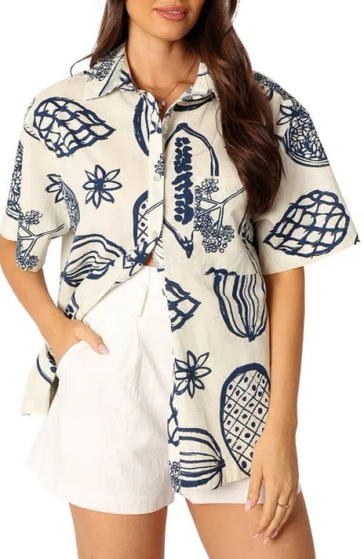 Petal And Pup Petal & Pup Zayd Botanical Print Short Sleeve Cotton & Linen Button-up Shirt In Neutral