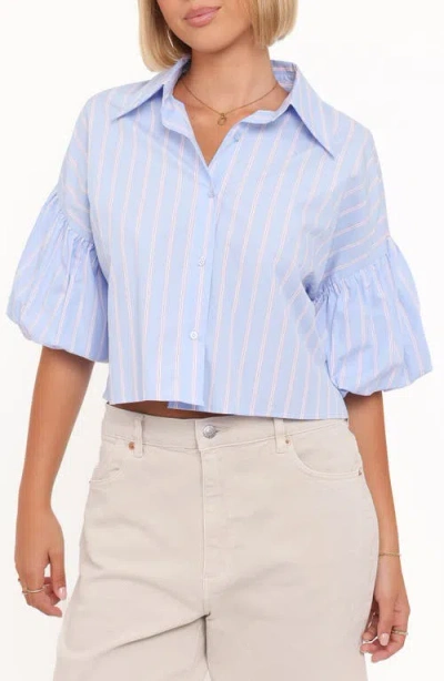 Petal And Pup Petal & Pup Zella Stripe Puff Sleeve Cotton Button-up Shirt In Blue