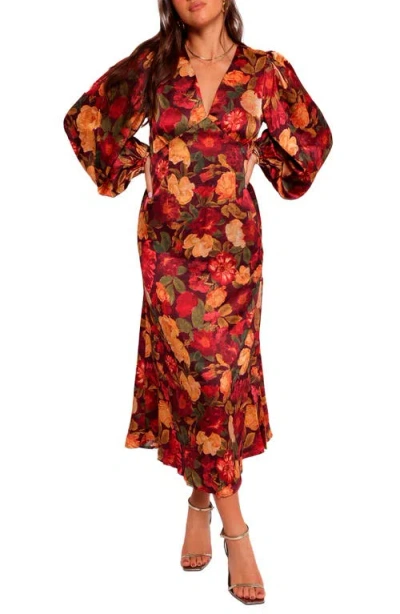 Petal And Pup Petal & Pup Zimmer Floral Long Sleeve Satin Maxi Dress In Red
