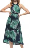 Petal Roz Tropical Print Backless Cutout Halter Midi Dress In Navy