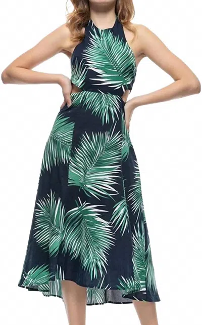 Petal Roz Tropical Print Backless Cutout Halter Midi Dress In Navy