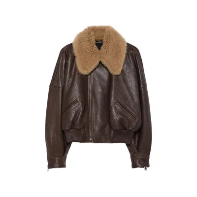 Petar Petrov Crinkled Lambskin With Shearling Collar Jacket In Brown