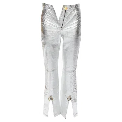 Petar Petrov Genuine Leather Gold Ring Zip Moto Pants In Silver