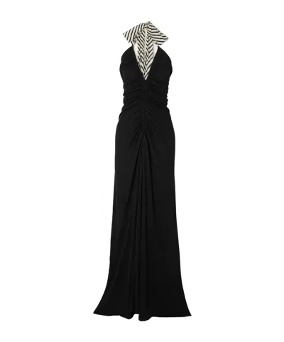 Petar Petrov Striped Satin-trimmed Gathered Jersey Halterneck Maxi Dress In Black