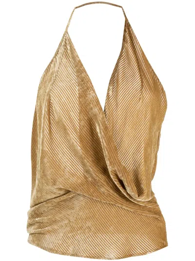 Petar Petrov Toma Silk-trimmed Draped Devoré-velvet Halterneck Top In Brown