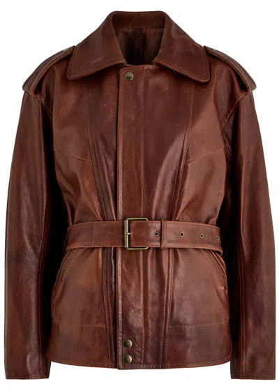Petar Petrov Superbad Distressed Belted Leather Jacket In Dark Brown
