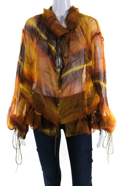 Petar Petrov Womens Lena Semi Sheer Gathered Tie Neck Top Blouse Brown