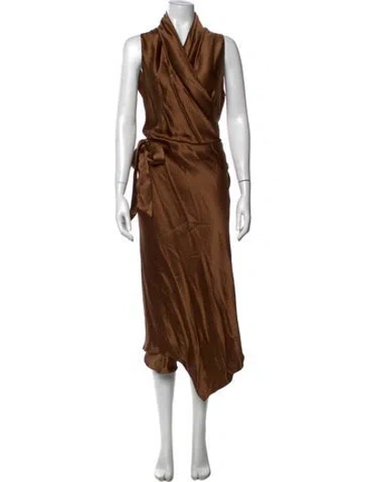 Pre-owned Peter Cohen V-neck Midi Length Dress In Brown