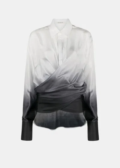 Peter Do Wrap-detailed Shirt In Grayscale Brushstrokes