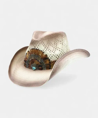 Peter Grimm Barred Feathered Straw Drifter In Tea Stain
