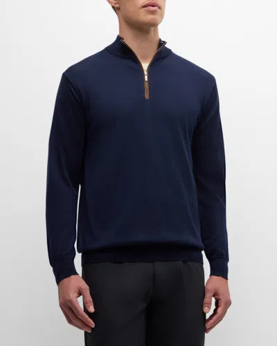 Peter Millar Men's Autumn Crest Suede-trim Quarter-zip Sweater In Navy