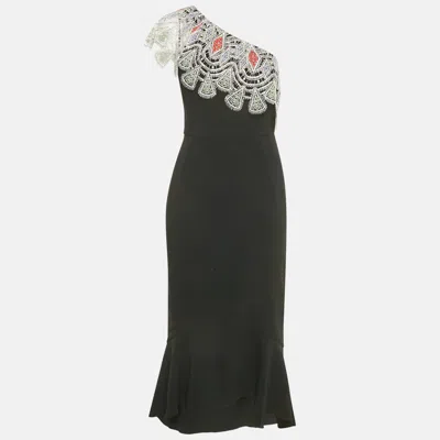 Peter Pilotto Black Crepe Lace Overlay One Shoulder Midi Dress