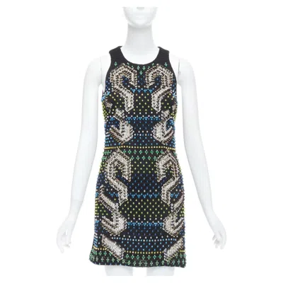 Pre-owned Peter Pilotto Black Green Beads Embellished Scuba Mini Dress Uk8 S