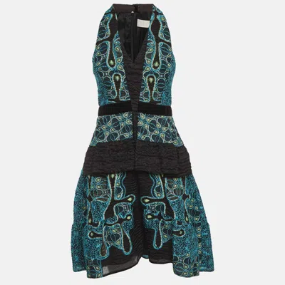 Peter Pilotto Black Jacquard Tiered Mini Dress In Blue
