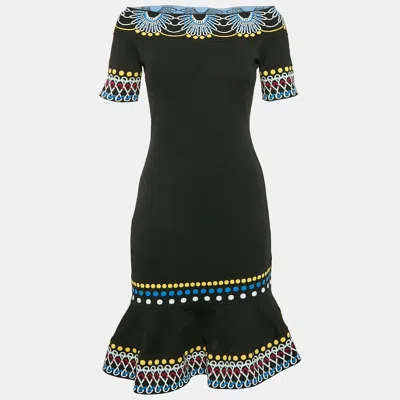 Pre-owned Peter Pilotto Black Knit Pattern Detail Off Shoulder Mini Dress M