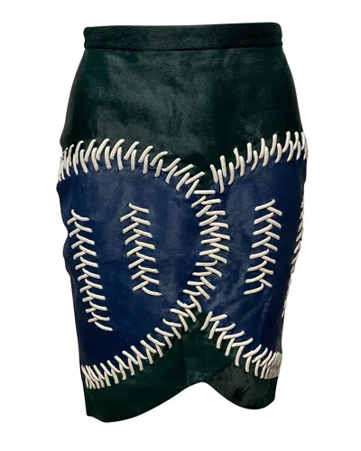 Peter Pilotto Color Block Fur Skirt With Lace Detail In Multicolor Leather In Green