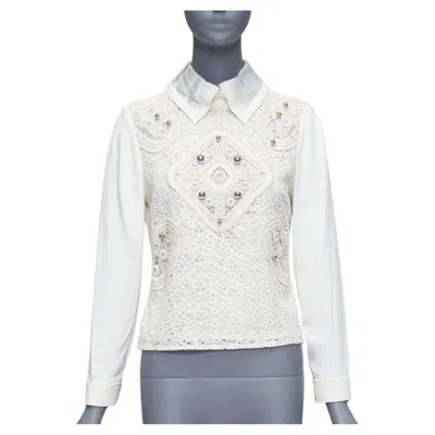 Pre-owned Peter Pilotto Cream Wool Blend Lace Dome Beaded Blouse Uk8 S In White