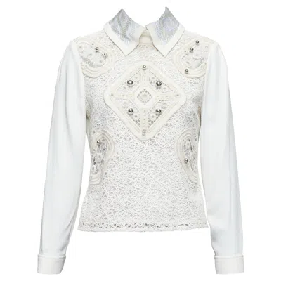 Pre-owned Peter Pilotto Cream Wool Blend Lace Dome Beaded Blouse Uk8 S In White